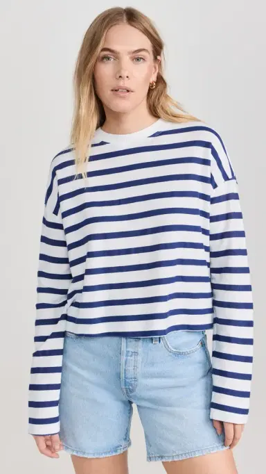 ASKK NY Printed Cropped Long Sleeve Top Thin Navy Stripe | Thumbnail 2 ASKK NY Printed Cropped Long Sleeve Top Thin Navy Stripe | Thumbnail 2