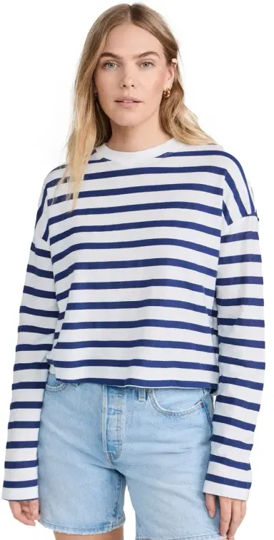 ASKK NY Printed Cropped Long Sleeve Top Thin Navy Stripe | Thumbnail 1 ASKK NY Printed Cropped Long Sleeve Top Thin Navy Stripe | Thumbnail 1