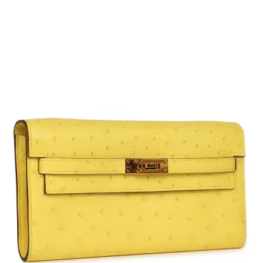 HERMÈS Pre-owned Hermes Kelly Wallet To Go Jaune Citron Ostrich Rose Gold Hardware | Thumbnail 2 HERMÈS Pre-owned Hermes Kelly Wallet To Go Jaune Citron Ostrich Rose Gold Hardware | Thumbnail 2