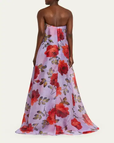 Carolina Herrera Plunging Strapless Rosette-Print Silk Chiffon Gown | Thumbnail 3 Carolina Herrera Plunging Strapless Rosette-Print Silk Chiffon Gown | Thumbnail 3