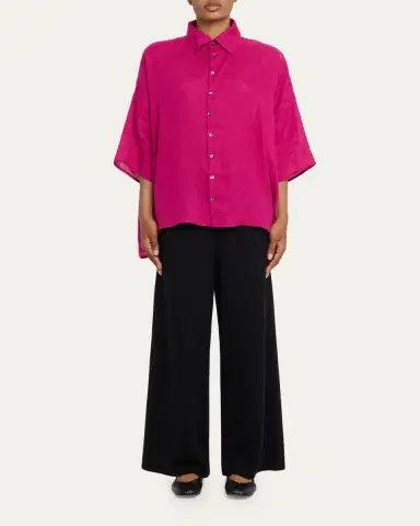 Eskandar Sloped Shoulder Wide A-Line Short Sleeve Shirt With Collar - Mid Length | Thumbnail 6 Eskandar Sloped Shoulder Wide A-Line Short Sleeve Shirt With Collar - Mid Length | Thumbnail 6