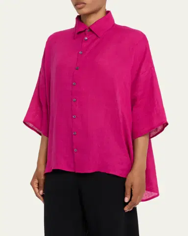 Eskandar Sloped Shoulder Wide A-Line Short Sleeve Shirt With Collar - Mid Length | Thumbnail 8 Eskandar Sloped Shoulder Wide A-Line Short Sleeve Shirt With Collar - Mid Length | Thumbnail 8