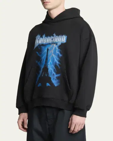 Balenciaga Men's Paris Thunderstorm Medium-Fit Hoodie | Thumbnail 4 Balenciaga Men's Paris Thunderstorm Medium-Fit Hoodie | Thumbnail 4