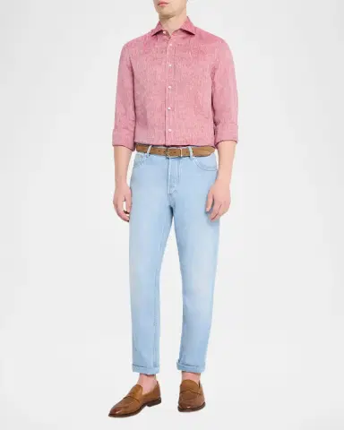 Brunello Cucinelli Men's Light-Wash Denim Tapered-Leg Jeans | Thumbnail 2 Brunello Cucinelli Men's Light-Wash Denim Tapered-Leg Jeans | Thumbnail 2