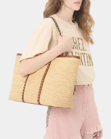Valentino Garavani Rockstud Raffia Leather-Trim Tote Bag | Thumbnail 2 Valentino Garavani Rockstud Raffia Leather-Trim Tote Bag | Thumbnail 2