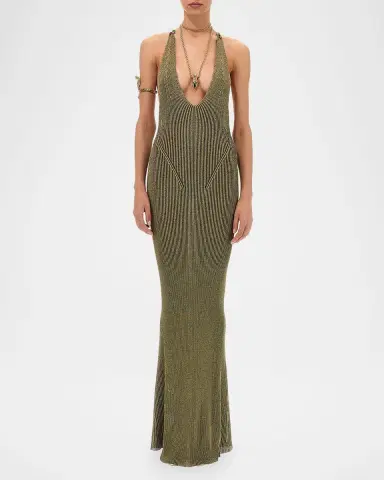 Roberto Cavalli Plunging Metallic Rib Knit Maxi Dress | Thumbnail 2 Roberto Cavalli Plunging Metallic Rib Knit Maxi Dress | Thumbnail 2