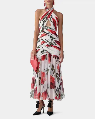Carolina Herrera Crisscross Ruched Rose Chiffon Halter Gown | Thumbnail 2 Carolina Herrera Crisscross Ruched Rose Chiffon Halter Gown | Thumbnail 2