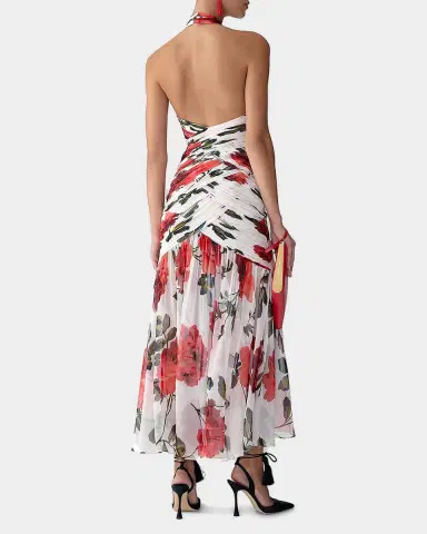 Carolina Herrera Crisscross Ruched Rose Chiffon Halter Gown | Thumbnail 3 Carolina Herrera Crisscross Ruched Rose Chiffon Halter Gown | Thumbnail 3