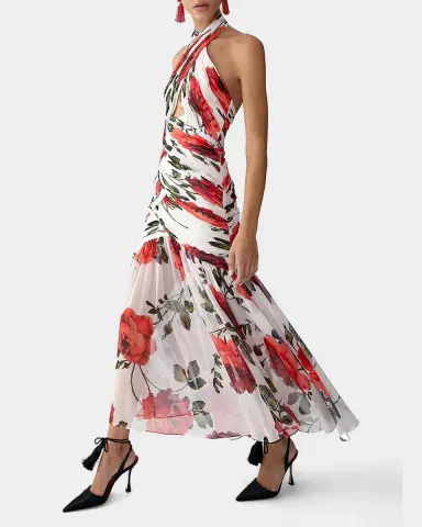Carolina Herrera Crisscross Ruched Rose Chiffon Halter Gown | Thumbnail 4 Carolina Herrera Crisscross Ruched Rose Chiffon Halter Gown | Thumbnail 4