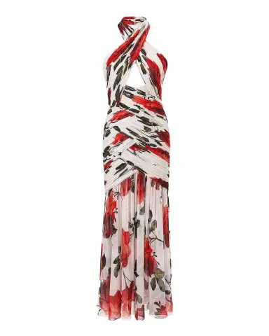 Carolina Herrera Crisscross Ruched Rose Chiffon Halter Gown | Thumbnail 1 Carolina Herrera Crisscross Ruched Rose Chiffon Halter Gown | Thumbnail 1