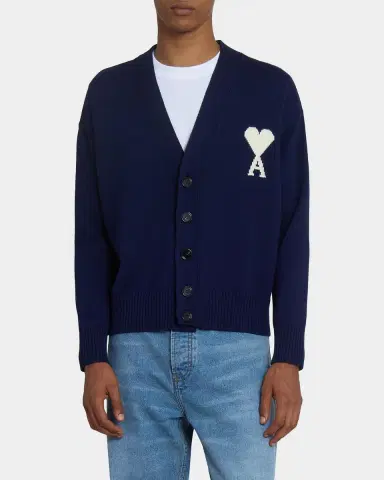 Ami Paris Men 's Intarsia Ami De Coeur Wool and Cotton Knit Cardigan | Thumbnail 3 Ami Paris Men 's Intarsia Ami De Coeur Wool and Cotton Knit Cardigan | Thumbnail 3