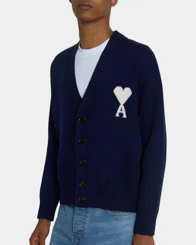 Ami Paris Men 's Intarsia Ami De Coeur Wool and Cotton Knit Cardigan | Thumbnail 4 Ami Paris Men 's Intarsia Ami De Coeur Wool and Cotton Knit Cardigan | Thumbnail 4