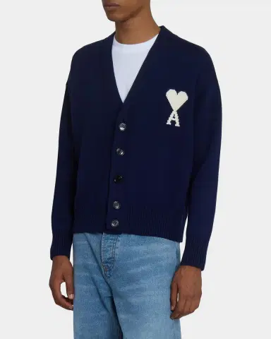 Ami Paris Men 's Intarsia Ami De Coeur Wool and Cotton Knit Cardigan | Thumbnail 5 Ami Paris Men 's Intarsia Ami De Coeur Wool and Cotton Knit Cardigan | Thumbnail 5