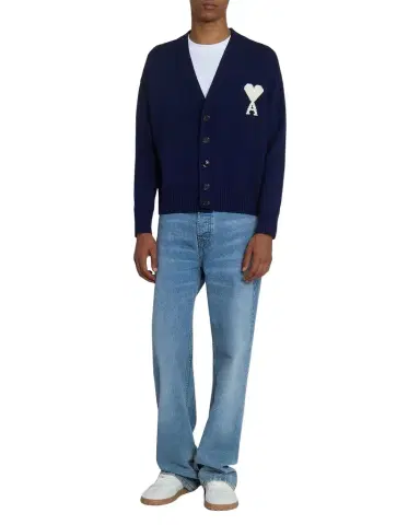 Ami Paris Men 's Intarsia Ami De Coeur Wool and Cotton Knit Cardigan | Thumbnail 1 Ami Paris Men 's Intarsia Ami De Coeur Wool and Cotton Knit Cardigan | Thumbnail 1