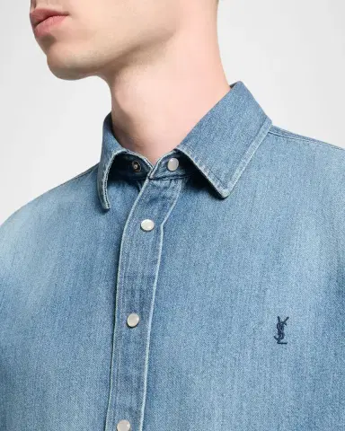 Saint Laurent Men 's Colorado Embroidered Cassandre Snap-Front Denim Shirt | Thumbnail 4 Saint Laurent Men 's Colorado Embroidered Cassandre Snap-Front Denim Shirt | Thumbnail 4