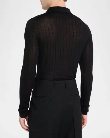 Saint Laurent en's Wool Flat Rib Long-Sleeve Polo Shirt | Thumbnail 3 Saint Laurent en's Wool Flat Rib Long-Sleeve Polo Shirt | Thumbnail 3
