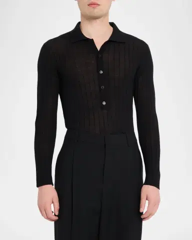 Saint Laurent en's Wool Flat Rib Long-Sleeve Polo Shirt | Thumbnail 4 Saint Laurent en's Wool Flat Rib Long-Sleeve Polo Shirt | Thumbnail 4
