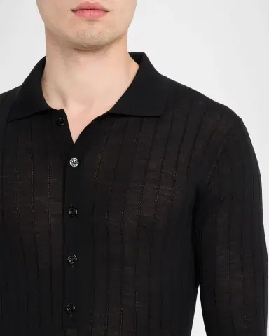 Saint Laurent en's Wool Flat Rib Long-Sleeve Polo Shirt | Thumbnail 5 Saint Laurent en's Wool Flat Rib Long-Sleeve Polo Shirt | Thumbnail 5