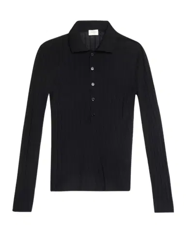 Saint Laurent en's Wool Flat Rib Long-Sleeve Polo Shirt | Thumbnail 1 Saint Laurent en's Wool Flat Rib Long-Sleeve Polo Shirt | Thumbnail 1