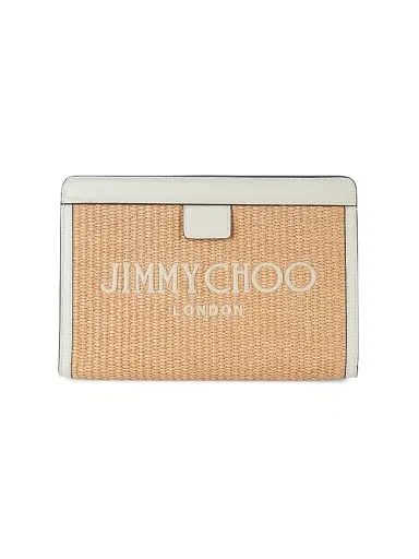 Jimmy Choo Women's Riviera Capsule Avenue Logo Raffia Clutch - Natural | Thumbnail 1 Jimmy Choo Women's Riviera Capsule Avenue Logo Raffia Clutch - Natural | Thumbnail 1