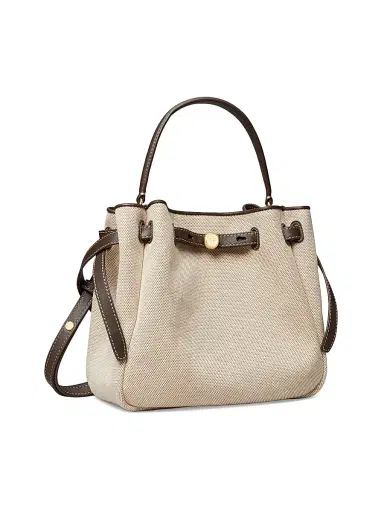 Tory Burch Women's Romy Belted Canvas Bucket Bag - Dusty Almond Bianco White | Thumbnail 2 Tory Burch Women's Romy Belted Canvas Bucket Bag - Dusty Almond Bianco White | Thumbnail 2