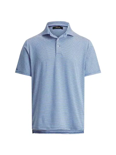 RLX Ralph Lauren Men's Striped Lightweight Airflow Knit Polo Shirt - Maidstone Blue Ceramic White | Thumbnail 1 RLX Ralph Lauren Men's Striped Lightweight Airflow Knit Polo Shirt - Maidstone Blue Ceramic White | Thumbnail 1