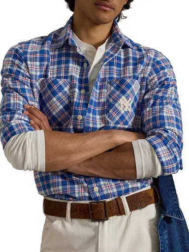 Polo Ralph Lauren Men's Yankees Cotton-Linen Sport Shirt - Blue Red Mutli | Thumbnail 5 Polo Ralph Lauren Men's Yankees Cotton-Linen Sport Shirt - Blue Red Mutli | Thumbnail 5