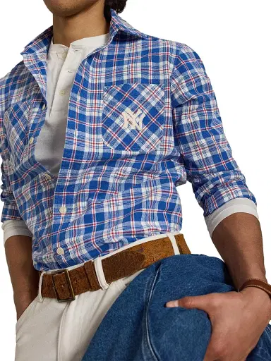 Polo Ralph Lauren Men's Yankees Cotton-Linen Sport Shirt - Blue Red Mutli | Thumbnail 6 Polo Ralph Lauren Men's Yankees Cotton-Linen Sport Shirt - Blue Red Mutli | Thumbnail 6