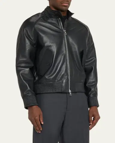 OFFICINE GÉNÉRALE Men's Leather Band-Collar Biker Jacket | Thumbnail 4 OFFICINE GÉNÉRALE Men's Leather Band-Collar Biker Jacket | Thumbnail 4