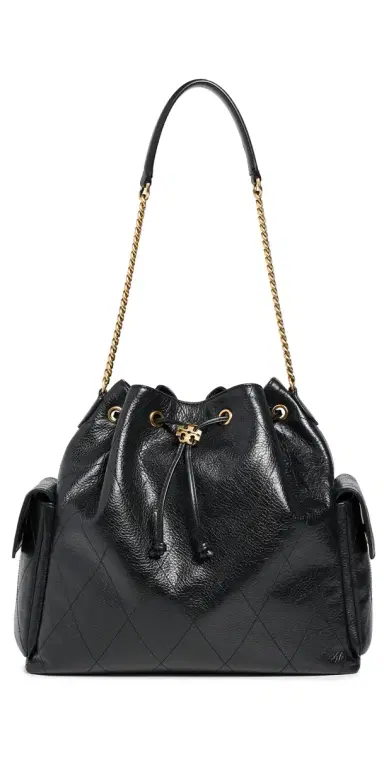 Tory Burch Charlie Quilted Large Drawstring Shoulder Bag Black One Size | Thumbnail 1 Tory Burch Charlie Quilted Large Drawstring Shoulder Bag Black One Size | Thumbnail 1