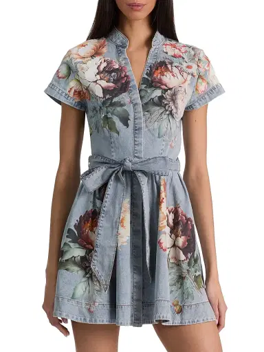ALICE + OLIVIA Women's Lucy Floral Cotton Denim A-Line Mini-Shirtdress - Sierra Vintage Multi | Thumbnail 3 ALICE + OLIVIA Women's Lucy Floral Cotton Denim A-Line Mini-Shirtdress - Sierra Vintage Multi | Thumbnail 3