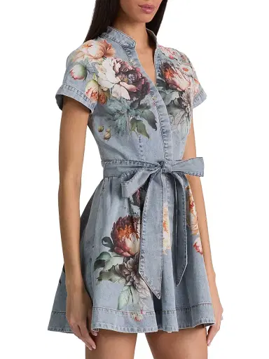 ALICE + OLIVIA Women's Lucy Floral Cotton Denim A-Line Mini-Shirtdress - Sierra Vintage Multi | Thumbnail 4 ALICE + OLIVIA Women's Lucy Floral Cotton Denim A-Line Mini-Shirtdress - Sierra Vintage Multi | Thumbnail 4