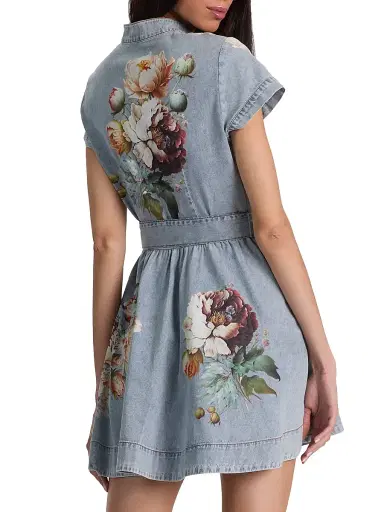 ALICE + OLIVIA Women's Lucy Floral Cotton Denim A-Line Mini-Shirtdress - Sierra Vintage Multi | Thumbnail 5 ALICE + OLIVIA Women's Lucy Floral Cotton Denim A-Line Mini-Shirtdress - Sierra Vintage Multi | Thumbnail 5