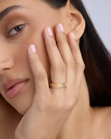 Jennifer Fisher Personalized Skinny Family Gothic Ring with 2 White Diamonds in 18K Yellow Gold | Thumbnail 1 Jennifer Fisher Personalized Skinny Family Gothic Ring with 2 White Diamonds in 18K Yellow Gold | Thumbnail 1