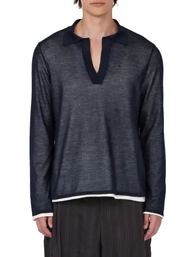 Ferragamo Men's Silk Johnny Collar Polo Sweater - New Navy Bianco Off White - Size XL | Thumbnail 1 Ferragamo Men's Silk Johnny Collar Polo Sweater - New Navy Bianco Off White - Size XL | Thumbnail 1