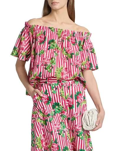 Saloni Women's Tess Striped Floral Off-The-Shoulder Top - Pivoines Stripe | Thumbnail 3 Saloni Women's Tess Striped Floral Off-The-Shoulder Top - Pivoines Stripe | Thumbnail 3