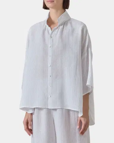 Eskandar Sloped Shoulder Wide A-Line Pleated Collar Short Sleeve Shirt - Mid Length | Thumbnail 4 Eskandar Sloped Shoulder Wide A-Line Pleated Collar Short Sleeve Shirt - Mid Length | Thumbnail 4