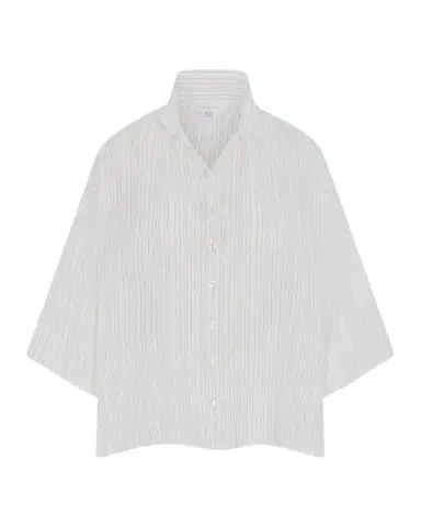 Eskandar Sloped Shoulder Wide A-Line Pleated Collar Short Sleeve Shirt - Mid Length | Thumbnail 1 Eskandar Sloped Shoulder Wide A-Line Pleated Collar Short Sleeve Shirt - Mid Length | Thumbnail 1