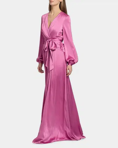Badgley Mischka Satin Faux-Wrap Long Sleeve Gown | Thumbnail 2 Badgley Mischka Satin Faux-Wrap Long Sleeve Gown | Thumbnail 2