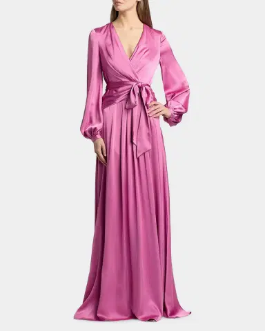 Badgley Mischka Satin Faux-Wrap Long Sleeve Gown | Thumbnail 4 Badgley Mischka Satin Faux-Wrap Long Sleeve Gown | Thumbnail 4