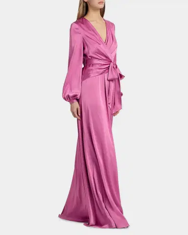 Badgley Mischka Satin Faux-Wrap Long Sleeve Gown | Thumbnail 6 Badgley Mischka Satin Faux-Wrap Long Sleeve Gown | Thumbnail 6