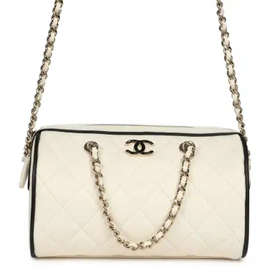 Chanel Chanel Mini Timeless Classic Barrel Bag with Chain White and Black Lambskin Light Gold Hardware | Thumbnail 1 Chanel Chanel Mini Timeless Classic Barrel Bag with Chain White and Black Lambskin Light Gold Hardware | Thumbnail 1