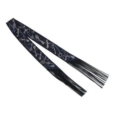 HERMÈS Hermes "Les Cles a Pois" Bleu Marine, Gris Argent and Multicolore Fringe Silk Twilly | Thumbnail 2 HERMÈS Hermes "Les Cles a Pois" Bleu Marine, Gris Argent and Multicolore Fringe Silk Twilly | Thumbnail 2