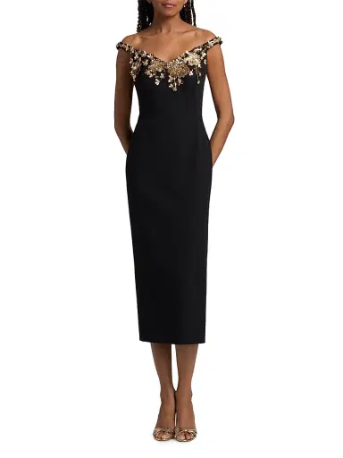 PAMELLA ROLAND Women's Floral-Embellished Crepe Cocktail Dress - Black Gold - Size 12 | Thumbnail 3 PAMELLA ROLAND Women's Floral-Embellished Crepe Cocktail Dress - Black Gold - Size 12 | Thumbnail 3