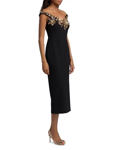 PAMELLA ROLAND Women's Floral-Embellished Crepe Cocktail Dress - Black Gold - Size 12 | Thumbnail 4 PAMELLA ROLAND Women's Floral-Embellished Crepe Cocktail Dress - Black Gold - Size 12 | Thumbnail 4