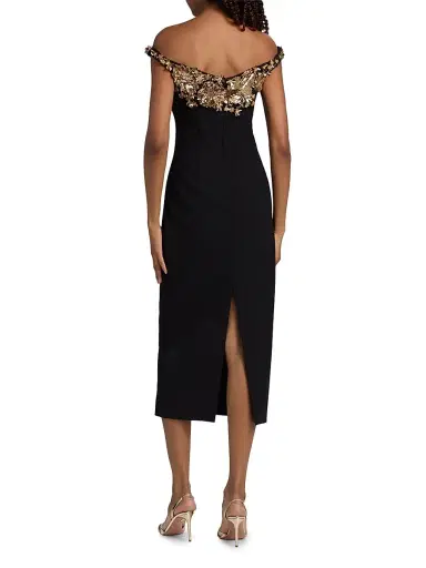 PAMELLA ROLAND Women's Floral-Embellished Crepe Cocktail Dress - Black Gold - Size 12 | Thumbnail 5 PAMELLA ROLAND Women's Floral-Embellished Crepe Cocktail Dress - Black Gold - Size 12 | Thumbnail 5