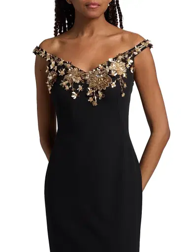 PAMELLA ROLAND Women's Floral-Embellished Crepe Cocktail Dress - Black Gold - Size 12 | Thumbnail 6 PAMELLA ROLAND Women's Floral-Embellished Crepe Cocktail Dress - Black Gold - Size 12 | Thumbnail 6