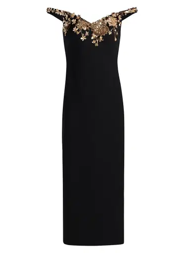 PAMELLA ROLAND Women's Floral-Embellished Crepe Cocktail Dress - Black Gold - Size 12 | Thumbnail 1 PAMELLA ROLAND Women's Floral-Embellished Crepe Cocktail Dress - Black Gold - Size 12 | Thumbnail 1
