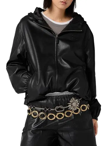 Miu Miu Women's Nappa Leather Hoodie Jacket - Black | Thumbnail 2 Miu Miu Women's Nappa Leather Hoodie Jacket - Black | Thumbnail 2