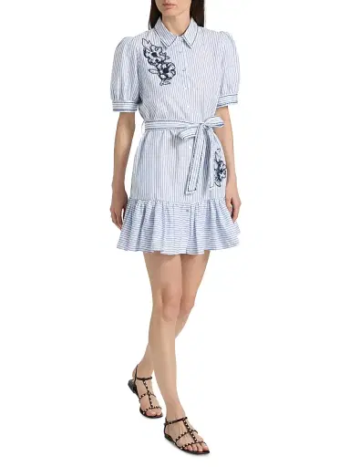 Cinq à Sept Women's Zadie Floral Embroidered Pinstriped Minidress | Thumbnail 2 Cinq à Sept Women's Zadie Floral Embroidered Pinstriped Minidress | Thumbnail 2